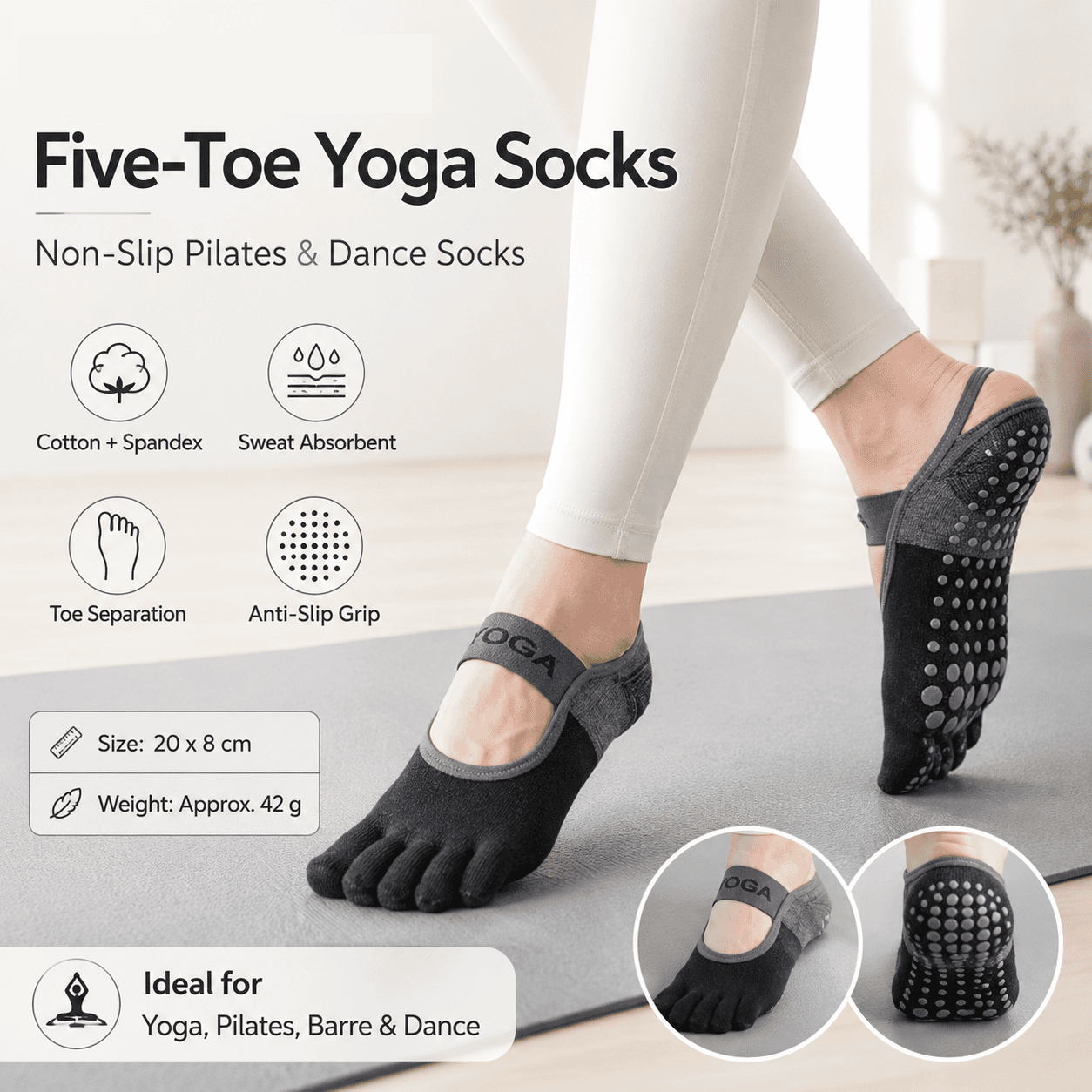 Black Non-Slip Five Toe Yoga Socks - Cotton Blend with PVC Grip Dots, Breathable & Secure Fit for Pilates, Dance, and Indoor Fitness Training 1 Black Non-Slip Five Toe Yoga Socks – Cotton Blend with PVC Grip Dots, Breathable & Secure Fit for Pilates, Dance, and Indoor Fitness Training