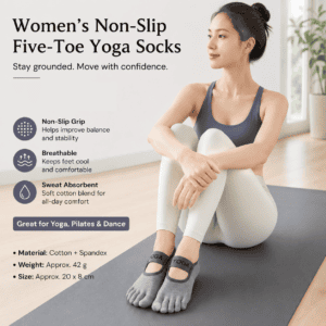Grey Non-Slip Five Toe Yoga Socks – Cotton Blend with PVC Grip Dots, Breathable & Secure Fit for Pilates, Dance, and Indoor Fitness Training