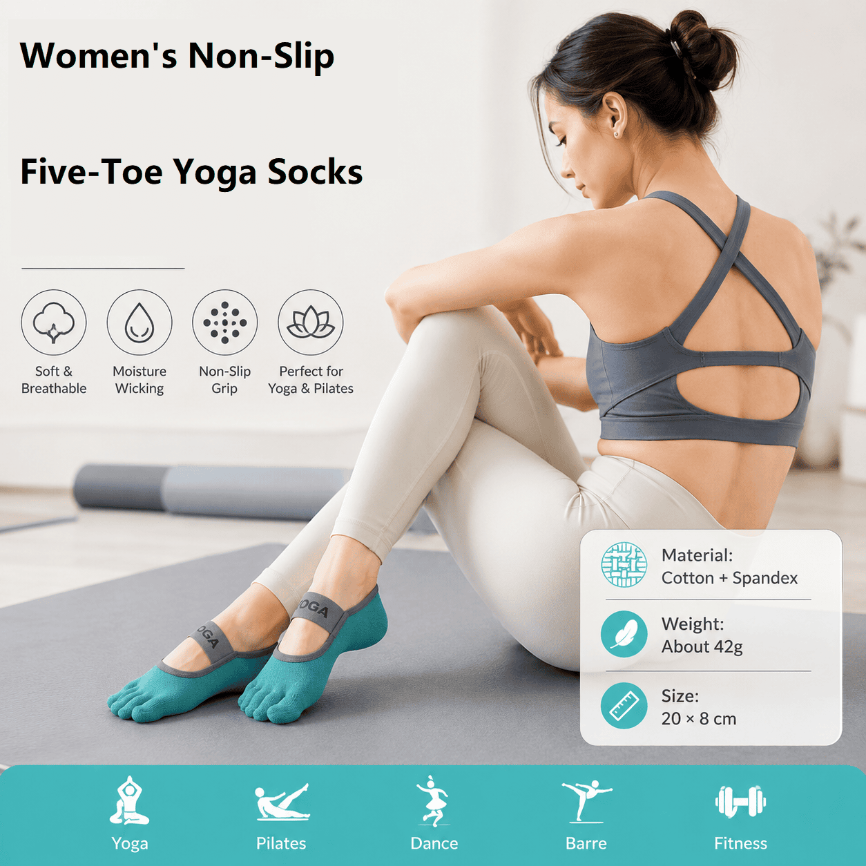 Green Non-Slip Five Toe Yoga Socks - Cotton Blend with PVC Grip Dots, Breathable & Secure Fit for Pilates, Dance, and Indoor Fitness Training 1 Green Non-Slip Five Toe Yoga Socks – Cotton Blend with PVC Grip Dots, Breathable & Secure Fit for Pilates, Dance, and Indoor Fitness Training