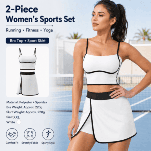 White XXL Size Women’s Linear Sports Set – Polyester Spandex Blend with Adjustable Straps, Removable Pads and Anti-Exposure Skirt for Yoga, Running and Gym