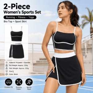 Black L Size Women’s Linear Sports Set – Polyester Spandex Blend with Adjustable Straps, Removable Pads and Anti-Exposure Skirt for Yoga, Running and Gym