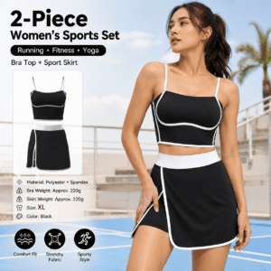 Black XL Size Women’s Linear Sports Set – Polyester Spandex Blend with Adjustable Straps, Removable Pads and Anti-Exposure Skirt for Yoga, Running and Gym