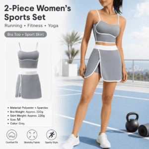 Grey M Size Women’s Linear Sports Set – Polyester Spandex Blend with Adjustable Straps, Removable Pads and Anti-Exposure Skirt for Yoga, Running and Gym