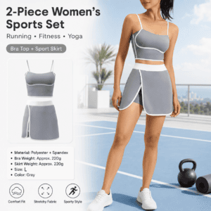 Grey L Size Women’s Linear Sports Set – Polyester Spandex Blend with Adjustable Straps, Removable Pads and Anti-Exposure Skirt for Yoga, Running and Gym