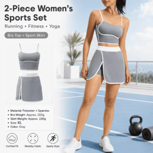 Grey XL Size Women’s Linear Sports Set – Polyester Spandex Blend with Adjustable Straps, Removable Pads and Anti-Exposure Skirt for Yoga, Running and Gym