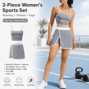 Grey XXL Size Women’s Linear Sports Set – Polyester Spandex Blend with Adjustable Straps, Removable Pads and Anti-Exposure Skirt for Yoga, Running and Gym