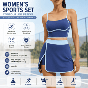 Blue M Size Women’s Linear Sports Set – Polyester Spandex Blend with Adjustable Straps, Removable Pads and Anti-Exposure Skirt for Yoga, Running and Gym