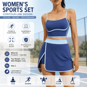 Blue L Size Women’s Linear Sports Set – Polyester Spandex Blend with Adjustable Straps, Removable Pads and Anti-Exposure Skirt for Yoga, Running and Gym