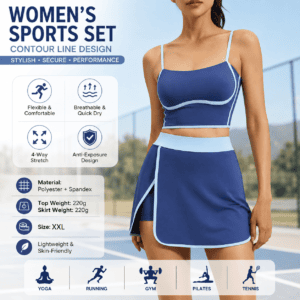 Blue XXL Size Women’s Linear Sports Set – Polyester Spandex Blend with Adjustable Straps, Removable Pads and Anti-Exposure Skirt for Yoga, Running and Gym