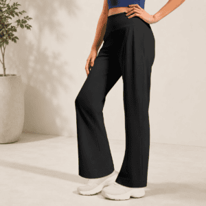 Black Womens High Waist Straight Leg Yoga Pants (S size)- Loose Fit Full Length Activewear with Rear Waistband Pocket for Pilates, Studio and Everyday Wear