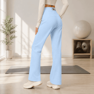 Women’s High Waist Yoga Pants (M size)- Blue Loose Straight Leg Full Length Trousers with Rear Waist Pocket for Pilates, Studio Workouts, Lounging and Casual Wear