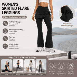 Women’s High Waist Skirted Flare Yoga Pants with Adjustable Ruched Drawstring (M size)- Black Faux Two Piece Bootcut Leggings for Pilates, Gym Workout, Running, Dance and Everyday Wear
