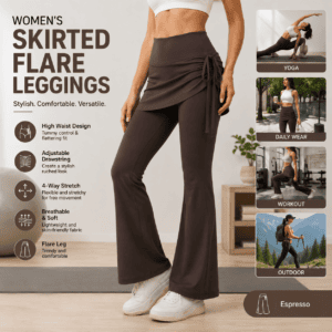 Women’s High Waist Skirted Flare Yoga Pants with Adjustable Ruched Drawstring (M size)- Coffee brown Faux Two Piece Bootcut Leggings for Pilates, Gym Workout, Running, Dance and Everyday Wear