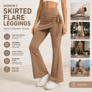Women’s High Waist Skirted Flare Yoga Pants with Adjustable Ruched Drawstring (XL size)- Light brown Faux Two Piece Bootcut Leggings for Pilates, Gym Workout, Running, Dance and Everyday Wear