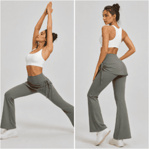 Women’s High Waist Skirted Flare Yoga Pants with Adjustable Ruched Drawstring (S size)- Grey Faux Two Piece Bootcut Leggings for Pilates, Gym Workout, Running, Dance and Everyday Wear