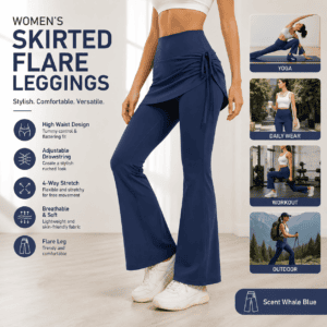 Women’s High Waist Skirted Flare Yoga Pants with Adjustable Ruched Drawstring (XL size)- Blue Faux Two Piece Bootcut Leggings for Pilates, Gym Workout, Running, Dance and Everyday Wear