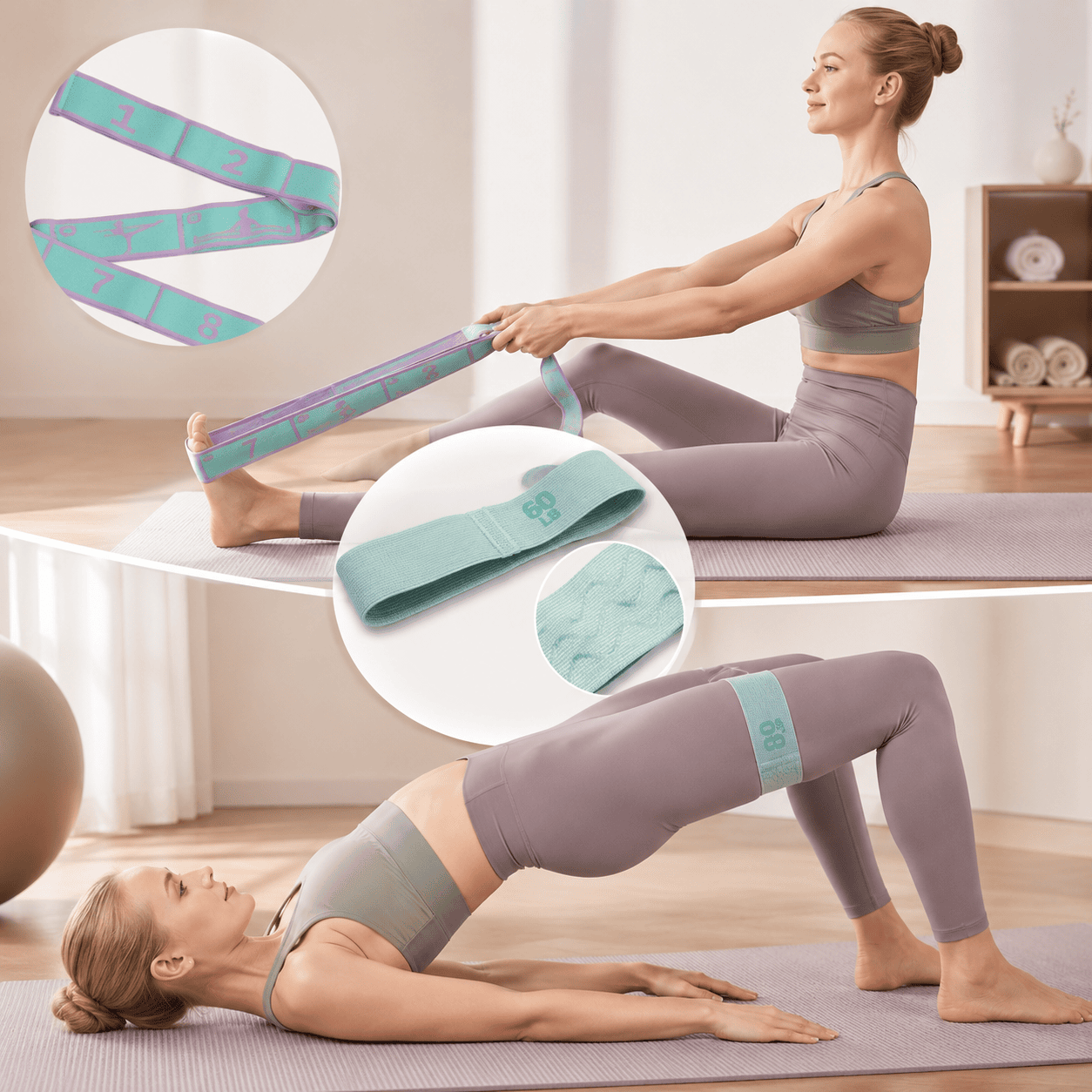 Green and purple 8 Grid Yoga Stretching Strap and 60LB Resistance Band Set for Pilates Workout Adjustable Stretch Band with Numbered Positions Glute Training Exercise Band Fitness Equipment for Yoga Dance Flexibility Training 2 Green and purple 8 Grid Yoga Stretching Strap and 60LB Resistance Band Set for Pilates Workout Adjustable Stretch Band with Numbered Positions Glute Training Exercise Band Fitness Equipment for Yoga Dance Flexibility Training - image 2