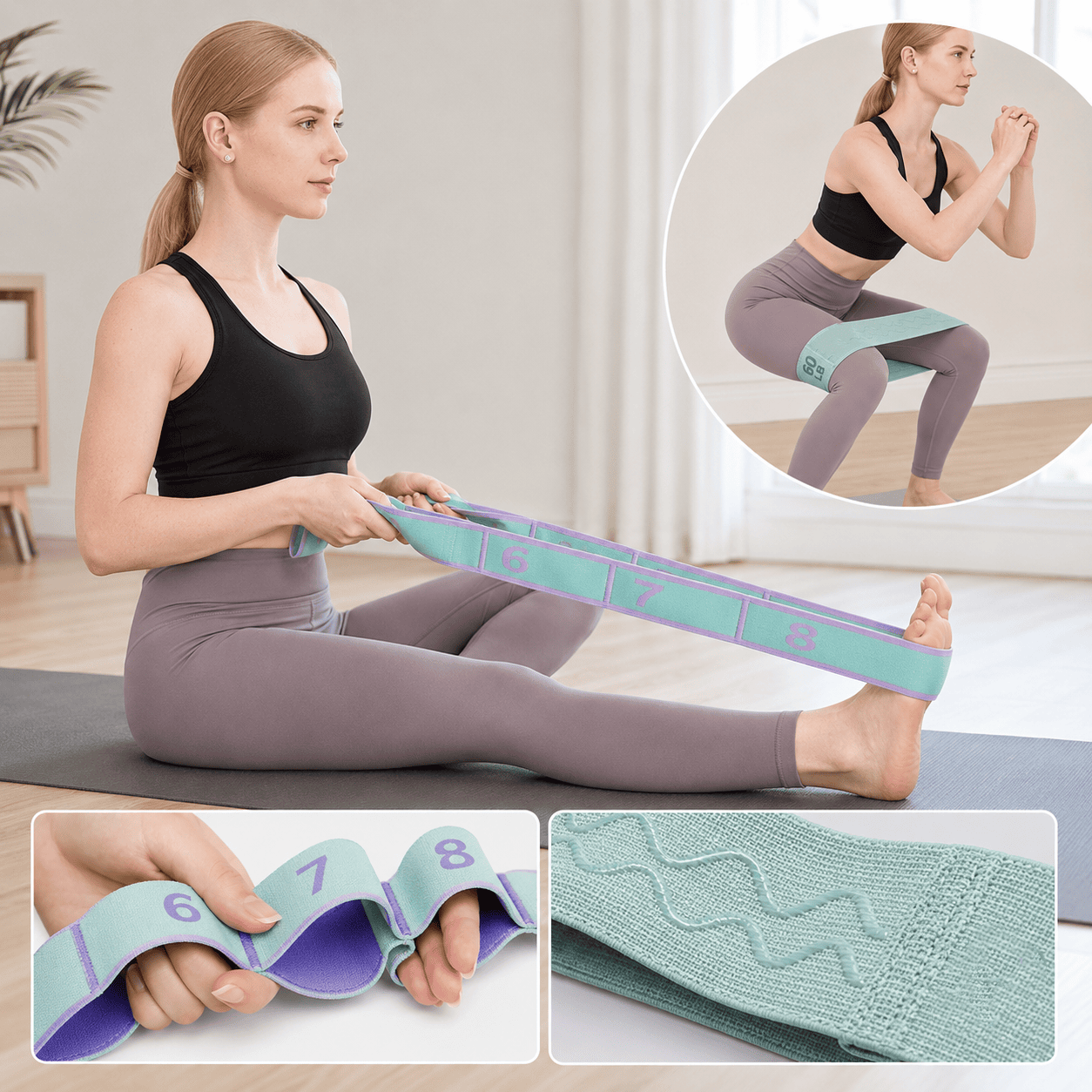Green and purple 8 Grid Yoga Stretching Strap and 60LB Resistance Band Set for Pilates Workout Adjustable Stretch Band with Numbered Positions Glute Training Exercise Band Fitness Equipment for Yoga Dance Flexibility Training 4 Green and purple 8 Grid Yoga Stretching Strap and 60LB Resistance Band Set for Pilates Workout Adjustable Stretch Band with Numbered Positions Glute Training Exercise Band Fitness Equipment for Yoga Dance Flexibility Training - image 4