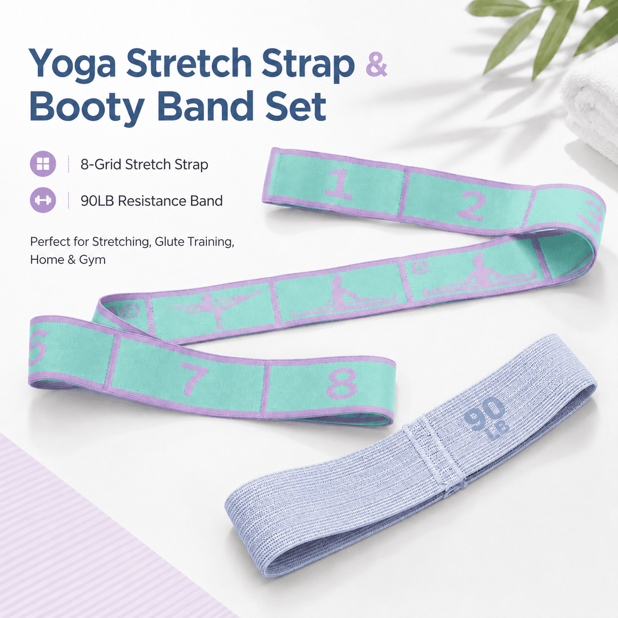 Green and purple 8 Grid Yoga Stretching Strap and 90LB Resistance Band Set for Pilates Workout Adjustable Stretch Band with Numbered Positions Glute Training Exercise Band Fitness Equipment for Yoga Dance Flexibility Training 1 Green and purple 8 Grid Yoga Stretching Strap and 90LB Resistance Band Set for Pilates Workout Adjustable Stretch Band with Numbered Positions Glute Training Exercise Band Fitness Equipment for Yoga Dance Flexibility Training