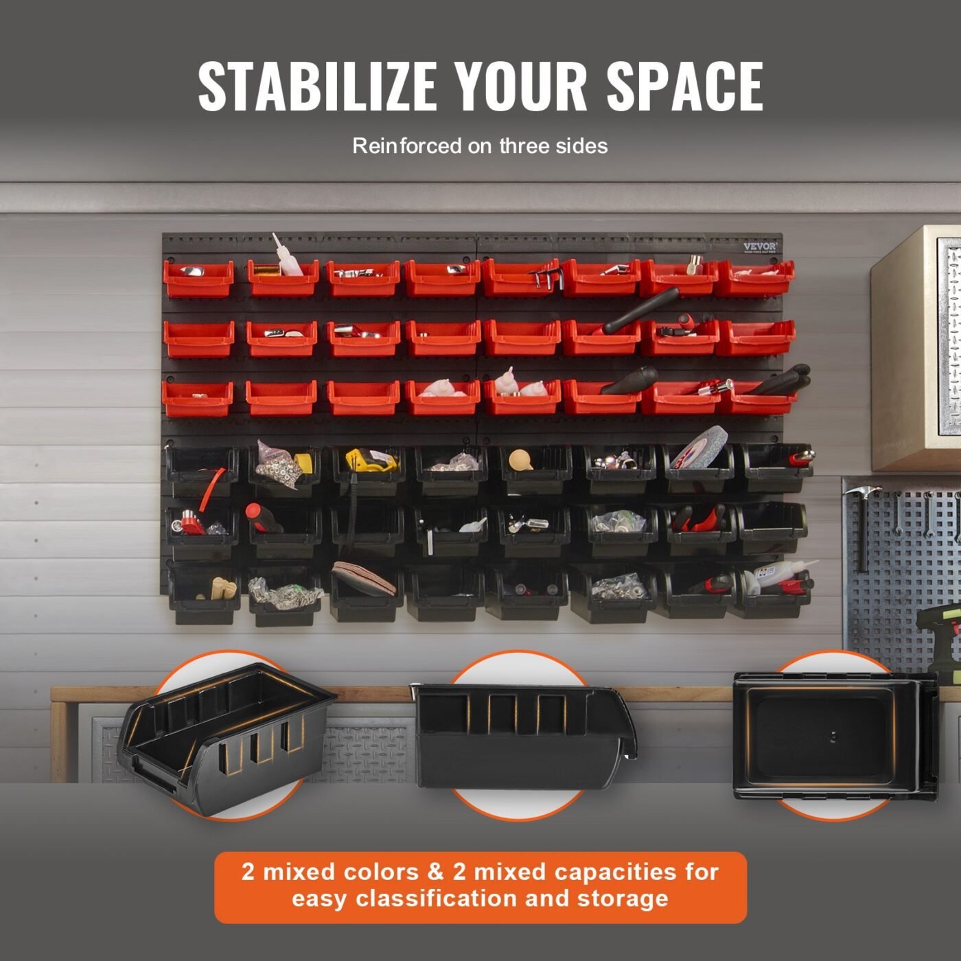 Wall Mounted Storage Bins, 48-Bin Parts Rack Organizer Garage Plastic Shop Tool with Wall Panels, Tool Organizer for Nuts, Bolts, Screws, Nails, Beads, Buttons, Other Small Parts, Black and Red 4 Wall Mounted Storage Bins, 48-Bin Parts Rack Organizer Garage Plastic Shop Tool with Wall Panels, Tool Organizer for Nuts, Bolts, Screws, Nails, Beads, Buttons, Other Small Parts, Black and Red - image 4