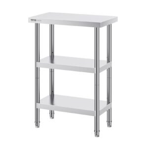 Stainless Steel Food Prep Table, 14 x 24 x 34 Inch Commercial Kitchen Worktable, with 2 Adjustable Undershelf, Heavy Duty Prep Table Metal Work Table for BBQ, Kitchen, Home, and Garage