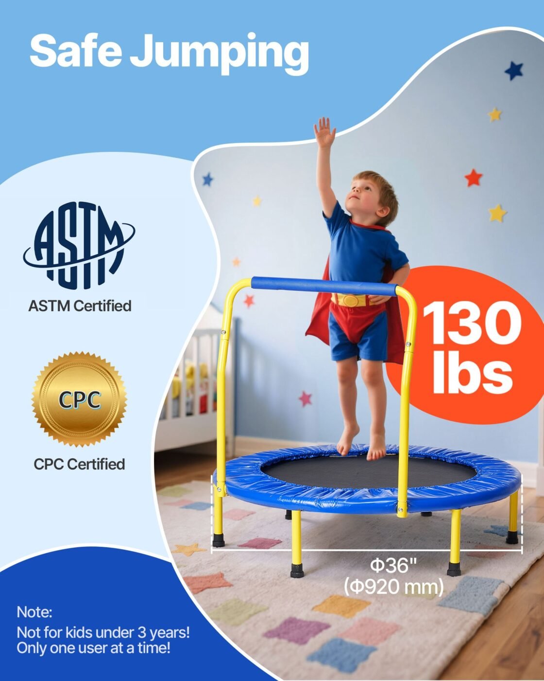 3FT Trampoline for Kids, 92 cm Trampolines Indoor/Outdoor Trampoline for Toddlers, Foldable Mini Baby Trampoline with Foam Handle, Recreational Trampoline Birthday Gift for 3+ Years Kids 2 3FT Trampoline for Kids, 92 cm Trampolines Indoor/Outdoor Trampoline for Toddlers, Foldable Mini Baby Trampoline with Foam Handle, Recreational Trampoline Birthday Gift for 3+ Years Kids - image 2