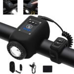 Electronic Bicycle Horn with Front Light, USB-C Rechargeable Bike Bell with Remote Button, Adjustable Volume, 6 Sounds, Black
