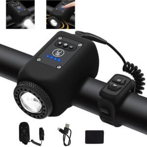 Electronic Bicycle Horn with Front Light, USB-C Rechargeable Bike Bell with Remote Button, Adjustable Volume, 6 Sounds, Black