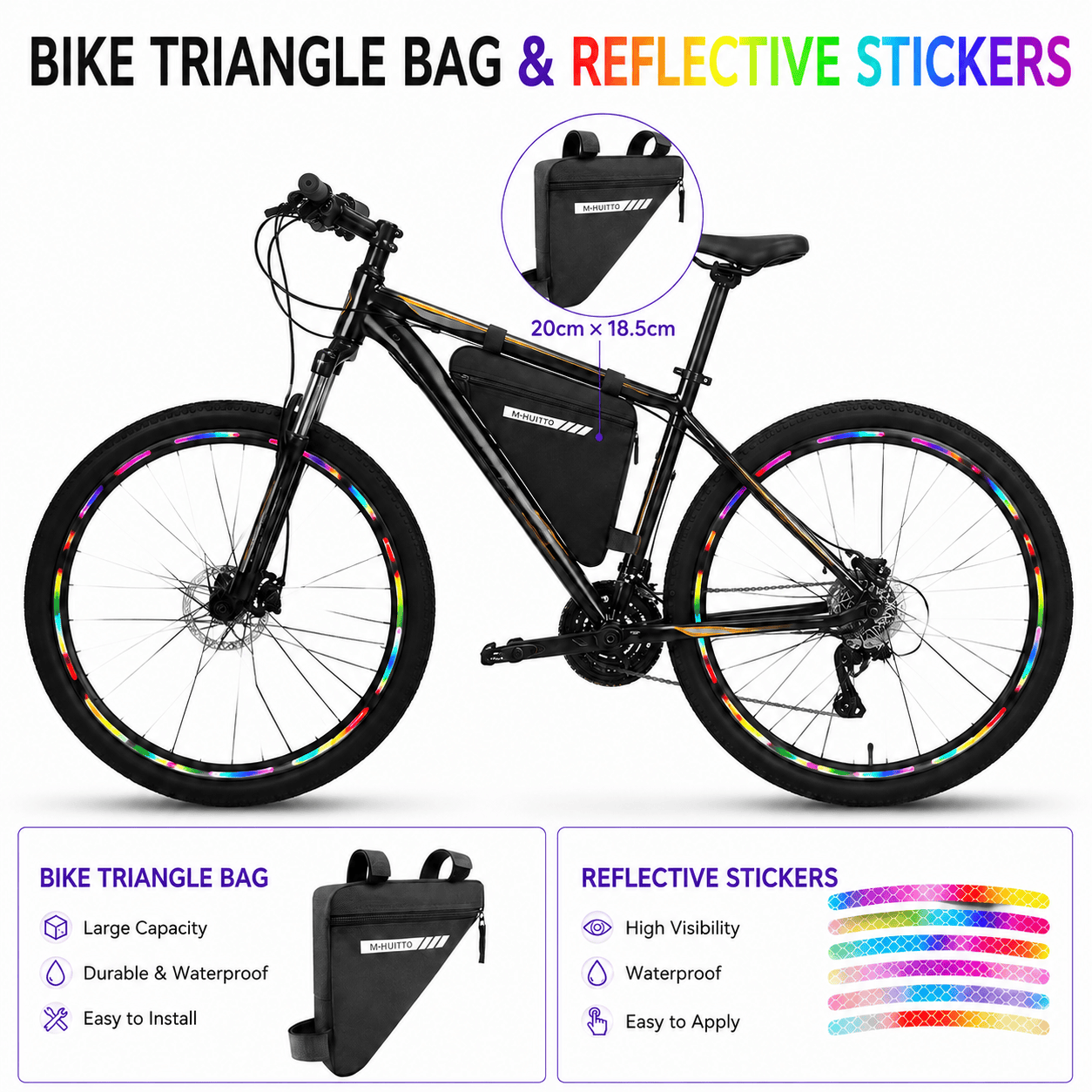 Black Bike Triangle Frame Bag with 20 Pieces Reflective Wheel Stickers Set for Mountain Road Cycling Storage and Visibility Accessories 3 Black Bike Triangle Frame Bag with 20 Pieces Reflective Wheel Stickers Set for Mountain Road Cycling Storage and Visibility Accessories - image 3