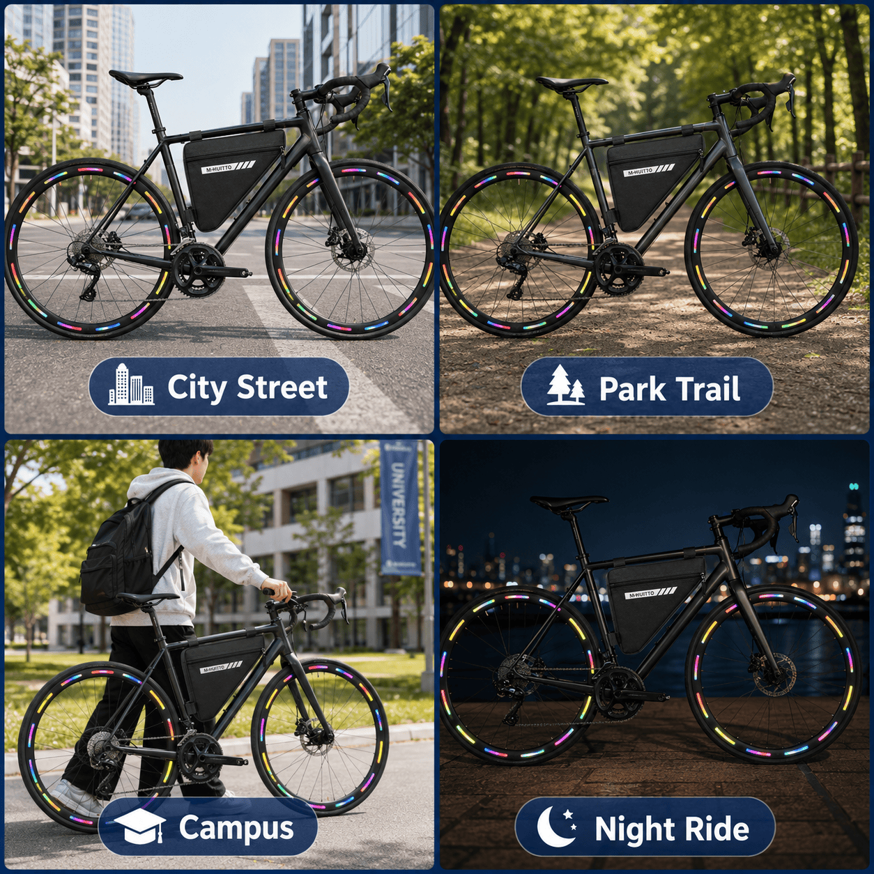 Black Bike Triangle Frame Bag with 20 Pieces Reflective Wheel Stickers Set for Mountain Road Cycling Storage and Visibility Accessories 4 Black Bike Triangle Frame Bag with 20 Pieces Reflective Wheel Stickers Set for Mountain Road Cycling Storage and Visibility Accessories - image 4