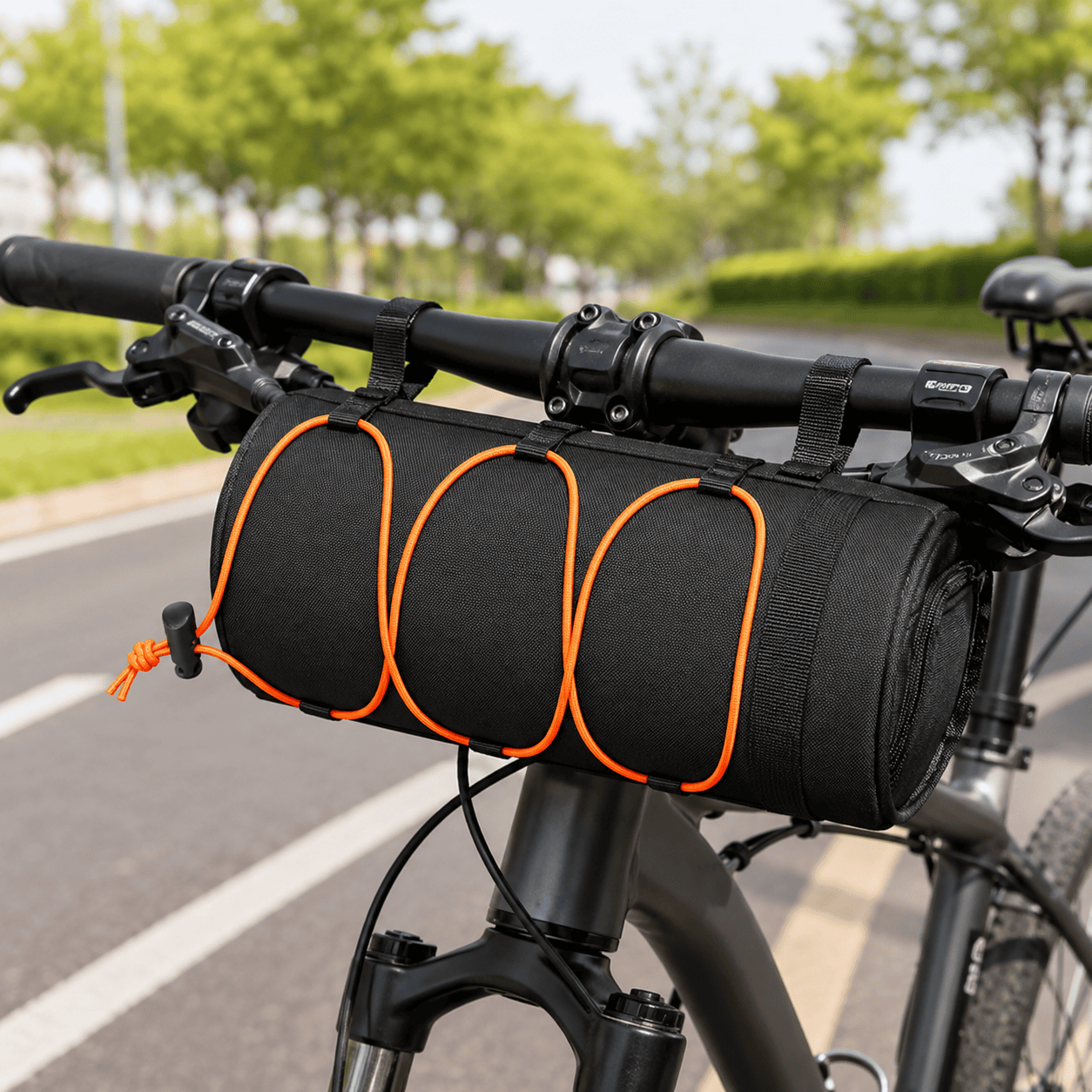 Black Bicycle Handlebar Bag with Fluorescent Orange Elastic Cord Waterproof Front Frame Storage Bag Large Capacity Cycling Pouch for Mountain Road Bike Outdoor Riding Accessories 2 Black Bicycle Handlebar Bag with Fluorescent Orange Elastic Cord Waterproof Front Frame Storage Bag Large Capacity Cycling Pouch for Mountain Road Bike Outdoor Riding Accessories - image 2