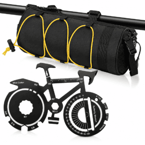 Black Handlebar Bag with Yellow Elastic Cord and 20-in-1 Bicycle Multi Tool Card Combo Set for Cycling, Commuting and Outdoor Riding