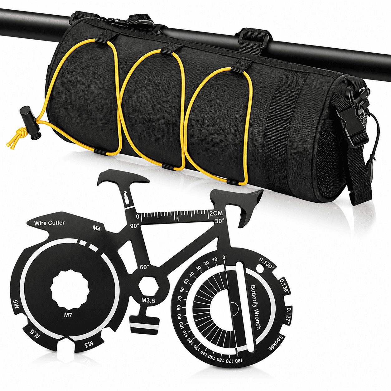 Black Handlebar Bag with Yellow Elastic Cord and 20-in-1 Bicycle Multi Tool Card Combo Set for Cycling, Commuting and Outdoor Riding 1 Black Handlebar Bag with Yellow Elastic Cord and 20-in-1 Bicycle Multi Tool Card Combo Set for Cycling, Commuting and Outdoor Riding