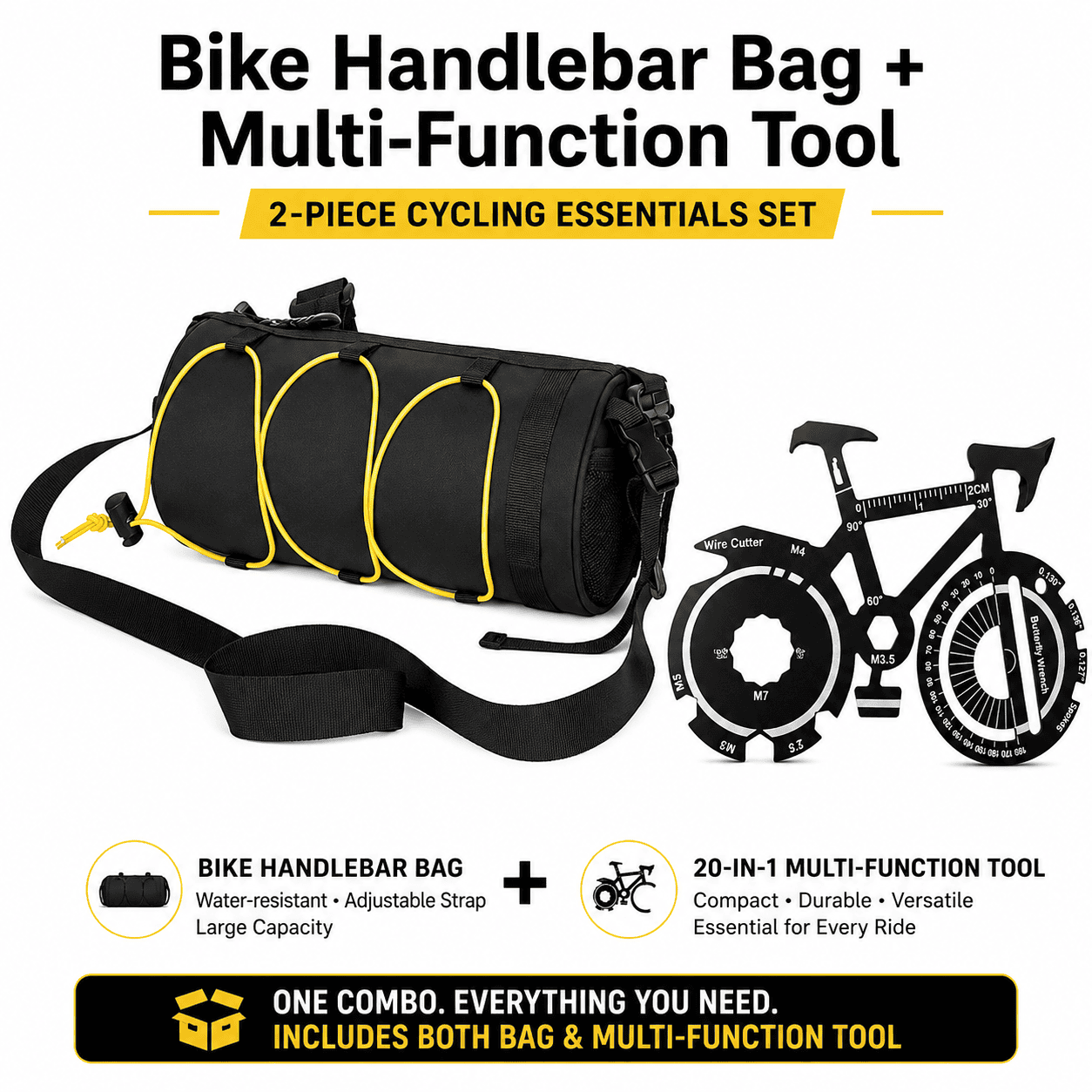 Black Handlebar Bag with Yellow Elastic Cord and 20-in-1 Bicycle Multi Tool Card Combo Set for Cycling, Commuting and Outdoor Riding 2 Black Handlebar Bag with Yellow Elastic Cord and 20-in-1 Bicycle Multi Tool Card Combo Set for Cycling, Commuting and Outdoor Riding - image 2